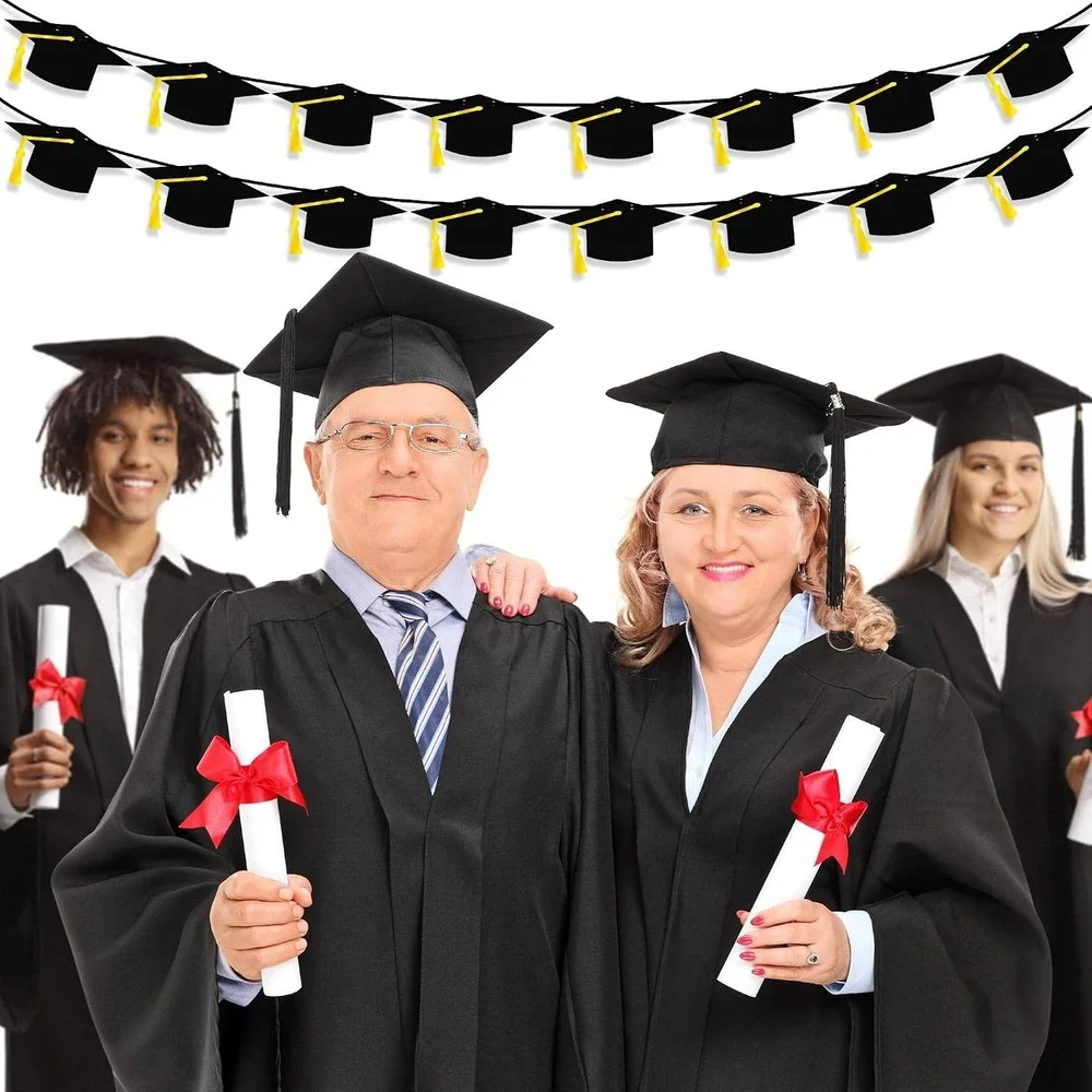 Graduation Cap Banner 2 Pack Black Yellow Tassel Mortarboard Garland 9.8ft Decor